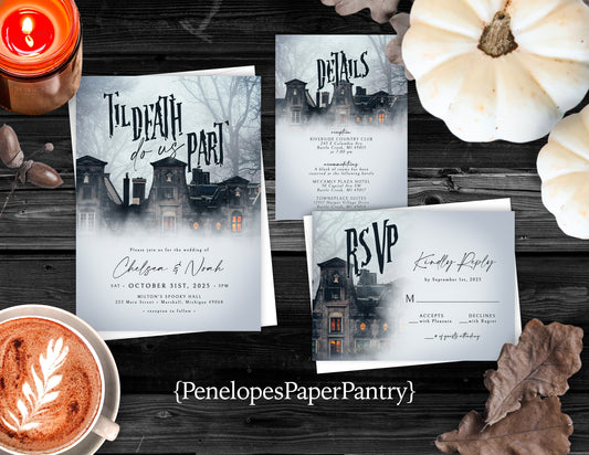 Til Death Do Us Part Halloween Wedding Invitation – Personalized Cemetery Design in Black – Printed Invitations with Custom Text & Envelopes Included