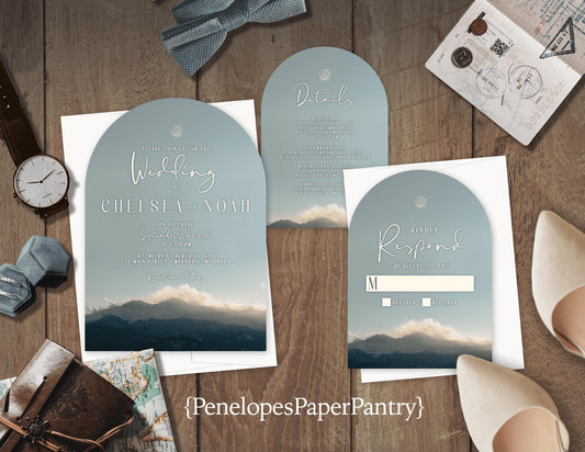 Cloudy Mountain Sky Wedding Invitation, Set, or Suite