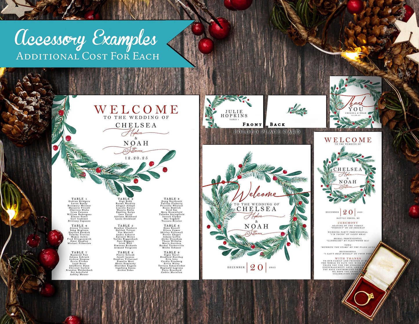 Romantic Christmas Wedding Invitation – Holiday Wreath, Green & Red Calligraphy, Shimmery Custom Printed with Envelopes Included