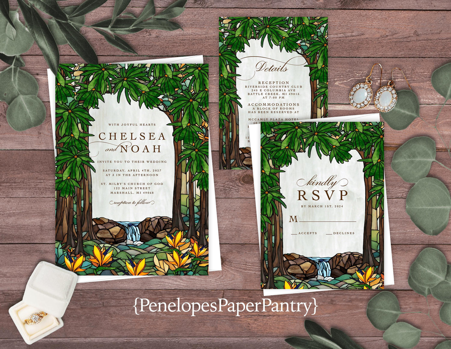 Unique Tropical Stained Glass Wedding Invitation Personalized Waterfall Rain Forest Calligraphy Shimmery Printed Invitations With Envelopes