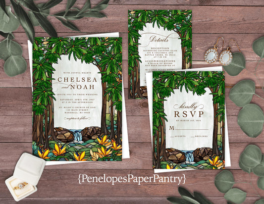 Unique Tropical Stained Glass Wedding Invitation Personalized Waterfall Rain Forest Calligraphy Shimmery Printed Invitations With Envelopes