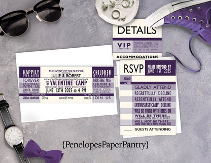 Concert Ticket Style Purple and Ivory Summer Wedding Invitation, Set, or Suite