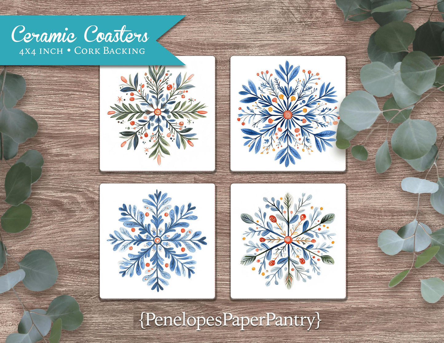 Scandanavian Snowflake Ceramic Coasters Set Of Four Printed Gift For Her Gift For Him Christmas Present Unique 4 Inch Square Cork Backing