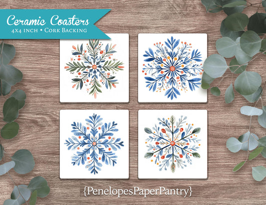 Scandanavian Snowflake Ceramic Coasters Set Of Four Printed Gift For Her Gift For Him Christmas Present Unique 4 Inch Square Cork Backing