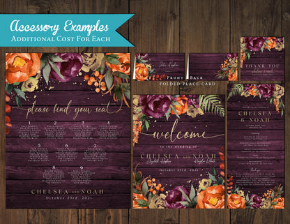 Purple and Orange Florals on Plum Wood Background Fall Wedding Invitation, Set, or Suite