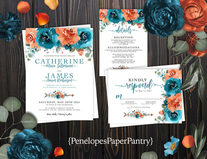 Turquoise and Orange Florals on White Background Fall Wedding Invitation, Set, or Suite