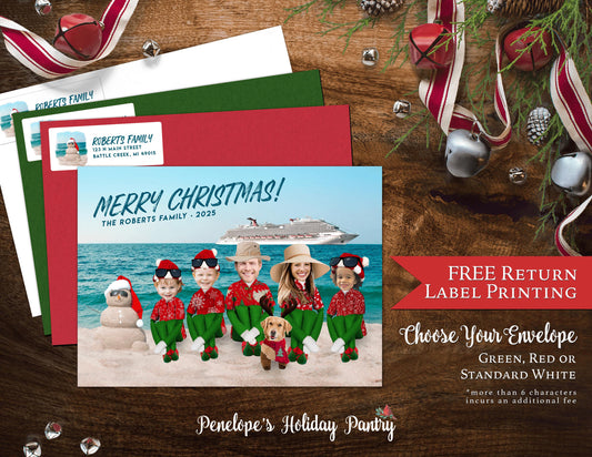 Personalized Funny Beach Christmas Family Photo Card with Elves  Custom Text - Unique Tropical Vacation Design with Envelope