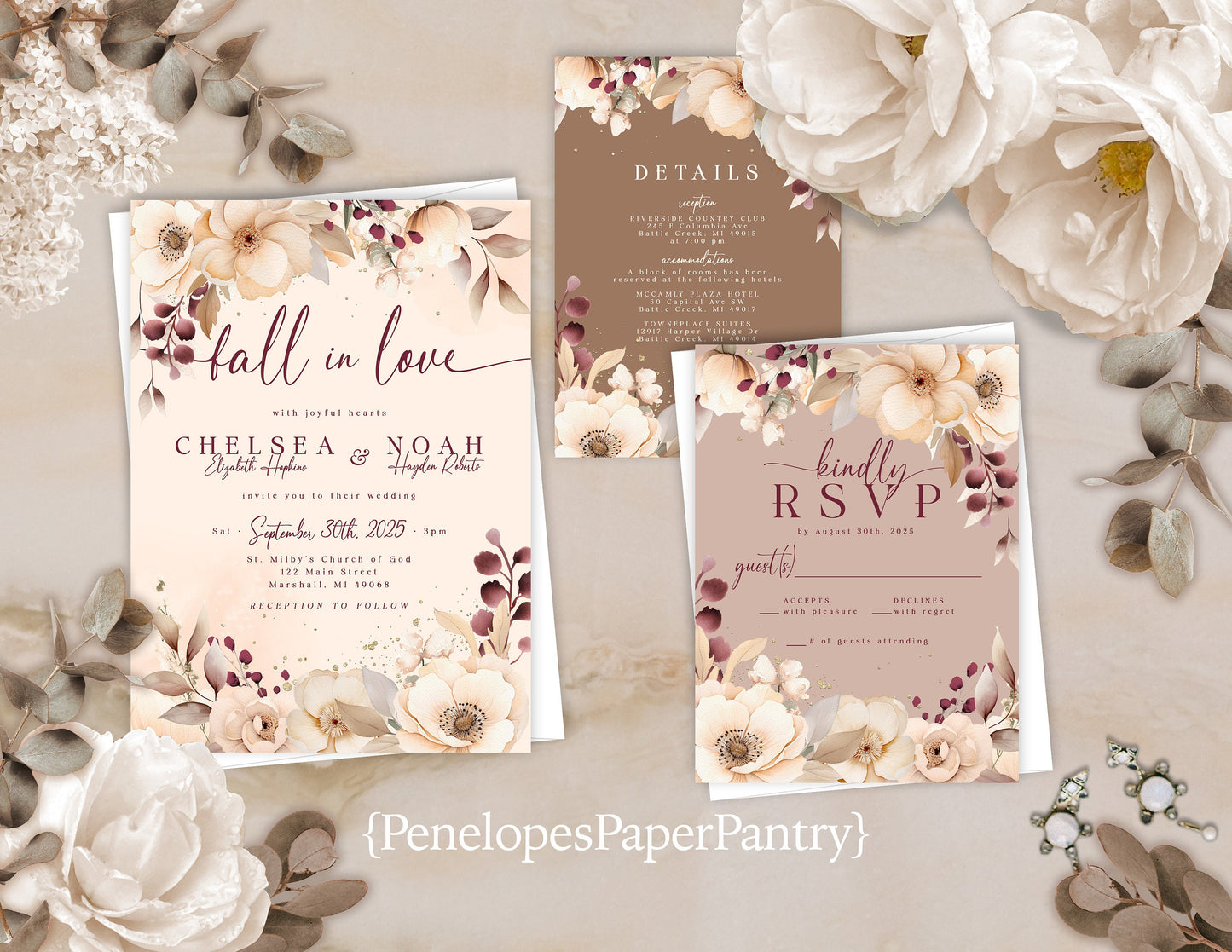 Rustic Neutral Tone Floral on Ivory, Beige, Hues Fall Wedding Invitation, Set, or Suite