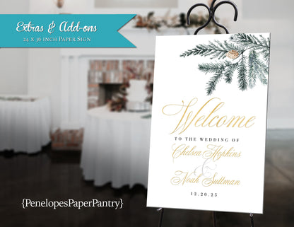 Welcome Sign,Wedding Welcome Sign,Winter Wedding Welcome Sign,Pine Branch,Gold,Printed Sign,Digital Option,Made To Match,Custom Welcome Sign