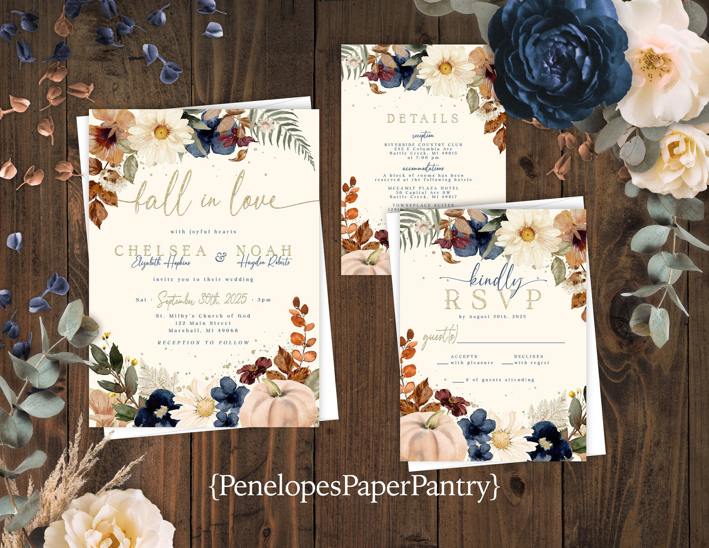 Blue and Ivory Florals on Cream Background Fall Wedding Invitation, Set, or Suite