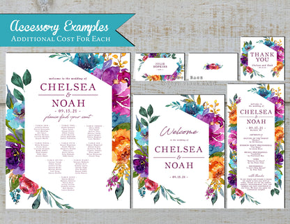 Elegant Bright Floral Summer Wedding Invitation Personalized Orange Purple Hot Pink Turquoise Geometric Frame Shimmery Printed Invitations
