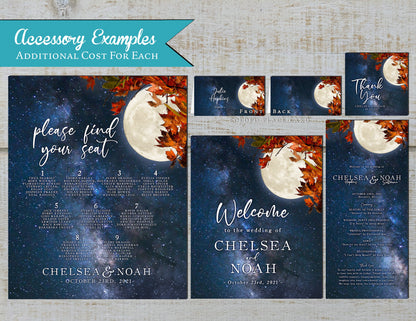 Rustic Full Moon Fall Wedding Invitation – Starry Sky, Autumn Leaves & Calligraphy – Personalized Printed Invitations with Envelopes Included