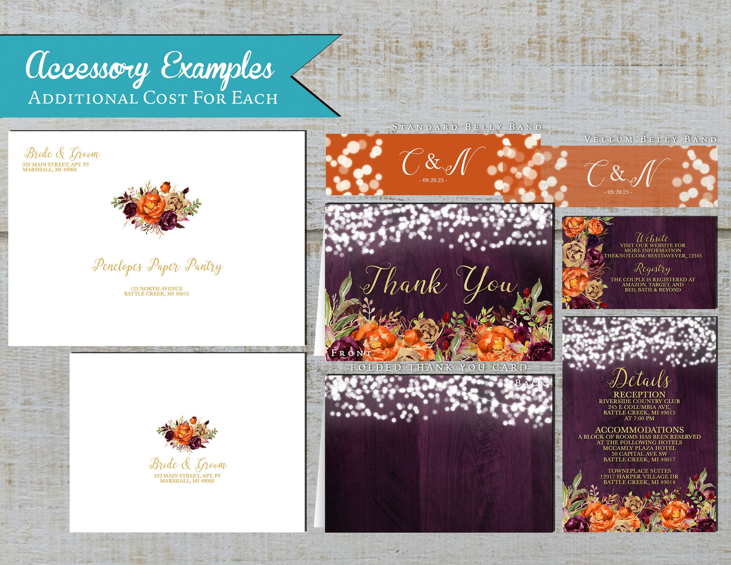 Plum and Orange Florals on Purple Wood Background Fall Wedding Invitation, Set, or Suite