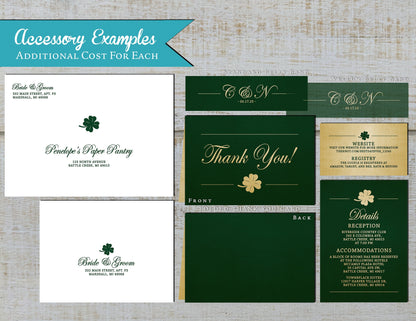 Emerald Irish Shamrock St. Patricks Day on Metallic Gold Paper Traditional Wedding Invitation, Sets, or Suite