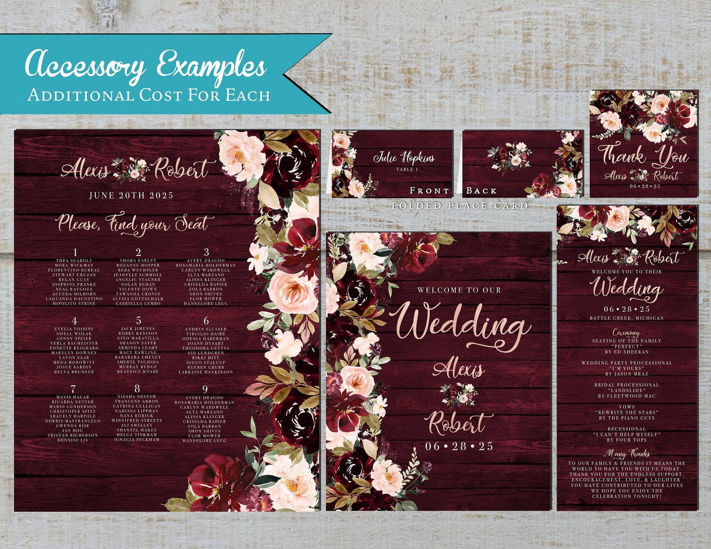 Rustic Fall Wedding Invitation – Burgundy & Blush Florals, Barn Wood & Calligraphy – Personalized Shimmery Printed Invitations with Envelopes Included