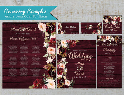 Rustic Fall Wedding Invitation – Burgundy & Blush Florals, Barn Wood & Calligraphy – Personalized Shimmery Printed Invitations with Envelopes Included