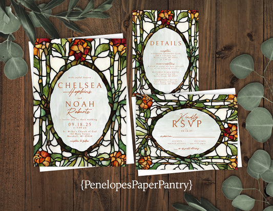 Oval Stained Glass Wedding Invitation,Stained Glass Wedding Invite,Stained Glass Theme,Floral Stained Glass,Shimmery,Envelope Included