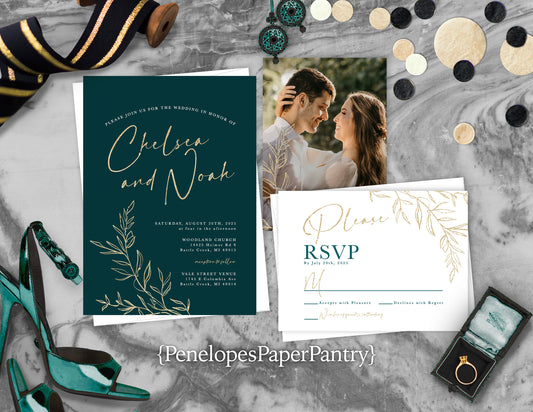 Teal Fall Wedding Photo Invitation – Gold Calligraphy & Shimmery Finish – Personalized Printed Card with Envelopes Included