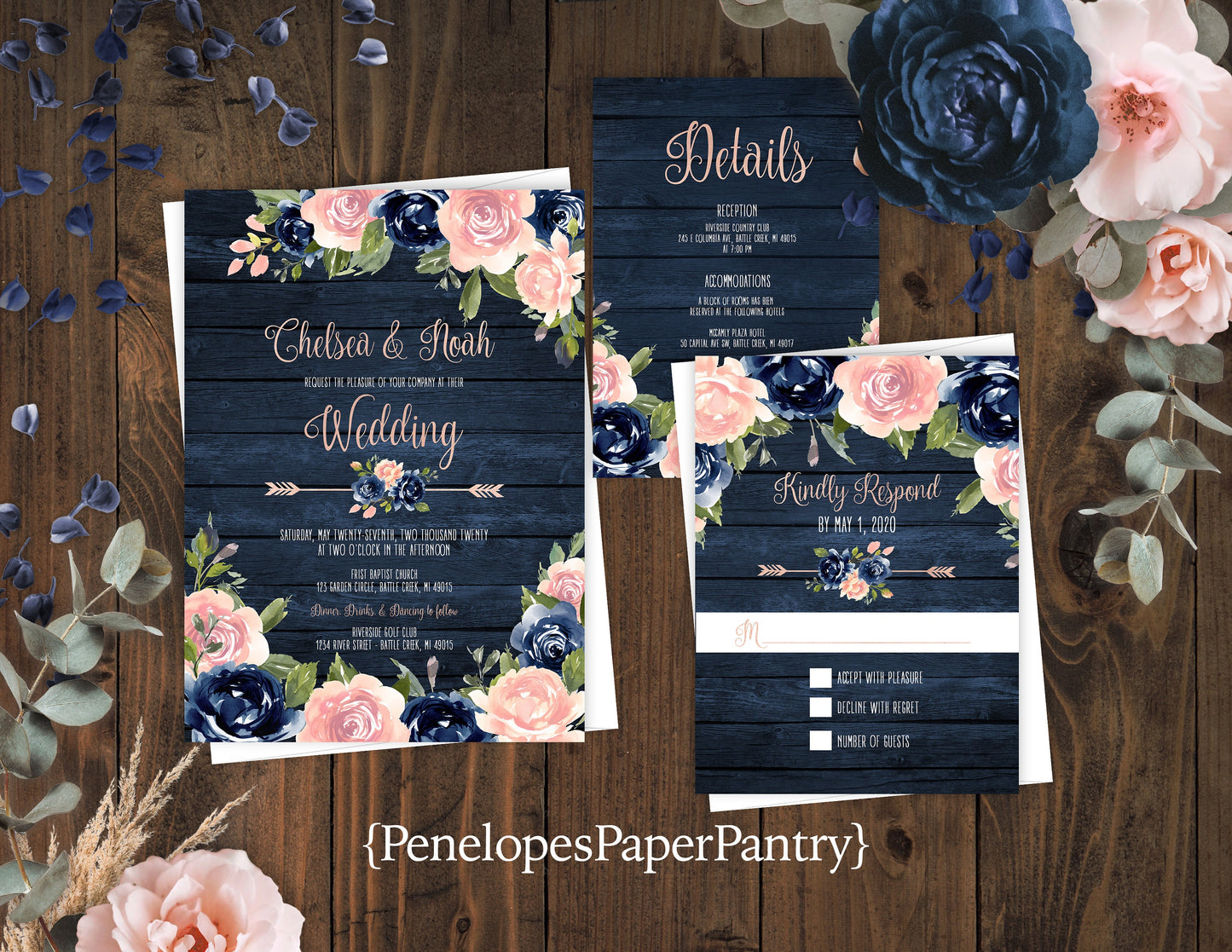 Rustic Navy Floral Summer Wedding Invitation Personalized Navy Wood Blush Roses Floral Arrow Rose Gold Print Shimmery Printed Invitations