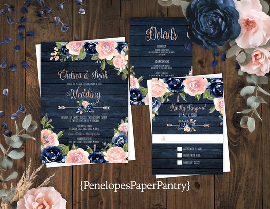 Rustic Navy Floral Summer Wedding Invitation Personalized Navy Wood Blush Roses Floral Arrow Rose Gold Print Shimmery Printed Invitations