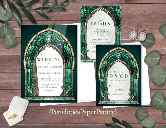 Acrylic Emerald Green Archway Faux Stained Glass Frame Wedding Invitation, Set, or Suite