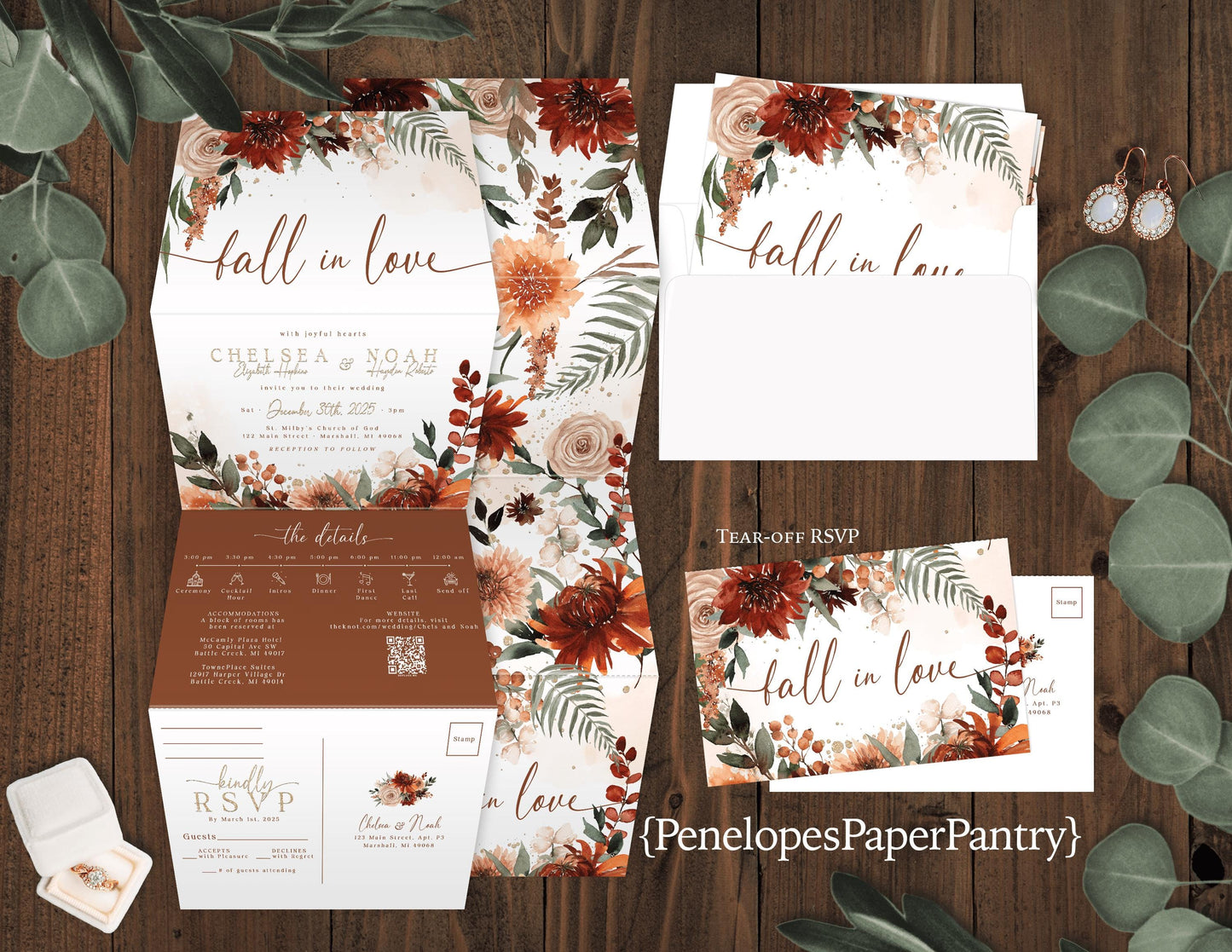 All in One Terracotta, Beige, Neutral Florals Folded Wedding Invitation with Tear-Off RSVP