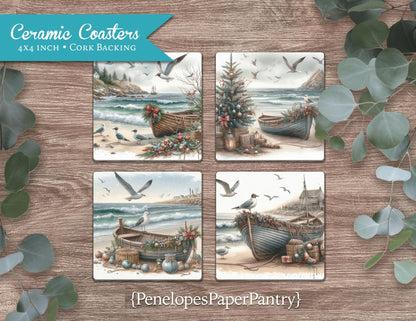 Coastal Christmas Ceramic Coasters Set Of Four Printed Coasters Holiday Home Decor Gift For Her Gift For Him Unique Gift Stocking Stuffer