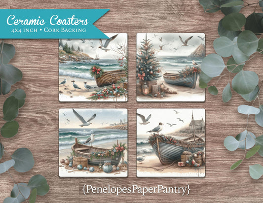 Coastal Christmas Ceramic Coasters Set Of Four Printed Coasters Holiday Home Decor Gift For Her Gift For Him Unique Gift Stocking Stuffer
