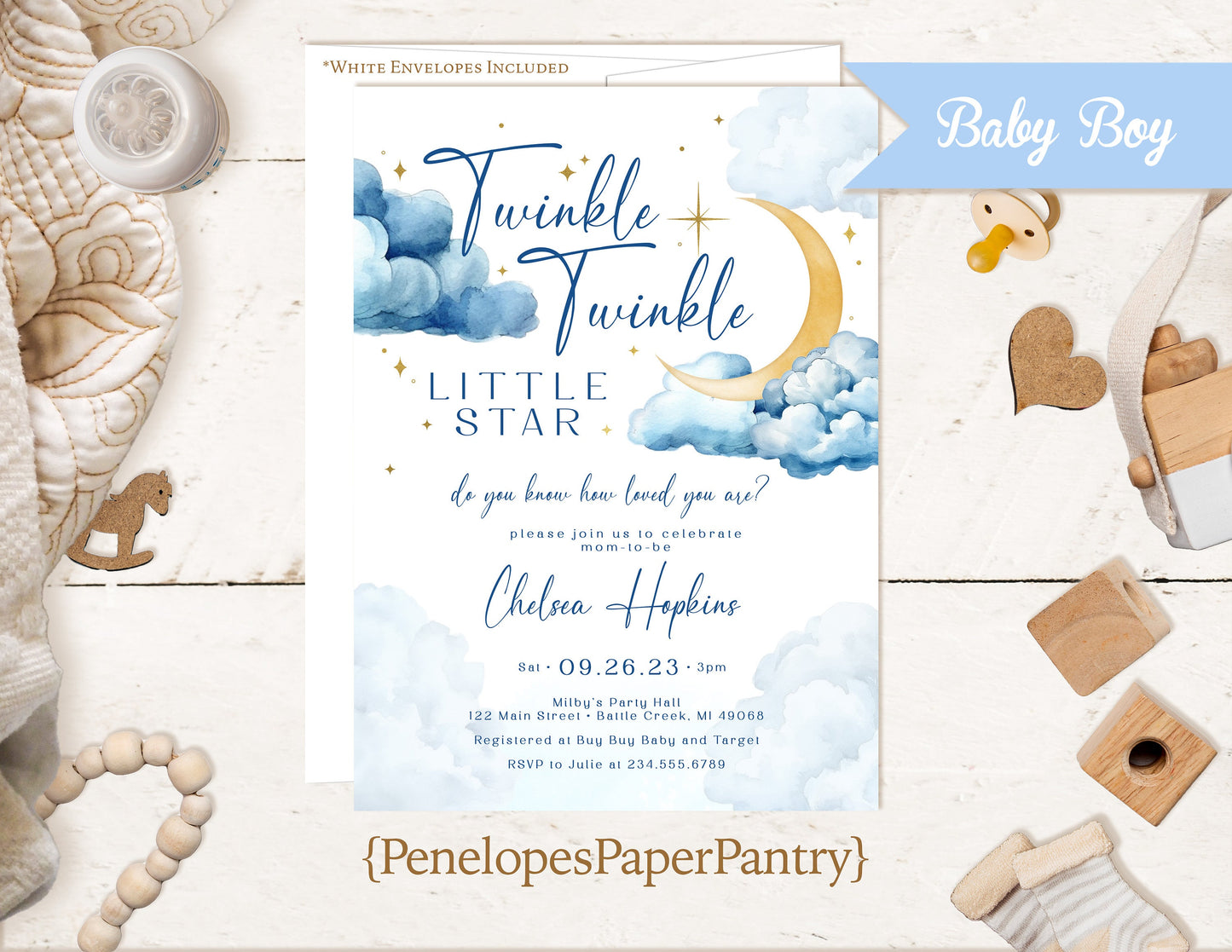 Twinkle Twinkle Little Star Baby Boy Shower Invitation – Elegant Gold Foil Stars – Personalized Printed Invite with Envelope Included by Penelope’s Paper Pantry