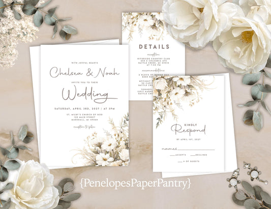 Neutral Florals Summer Wedding Invitation, Set, or Suite