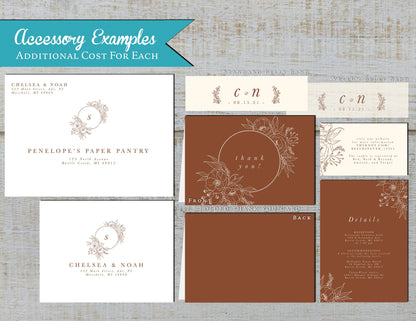 Simple Fall Wedding Invitation – Terracotta & Ivory Floral Line Art – Personalized Printed Invitations with Custom Text & Envelopes Included