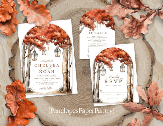Rustic Fall Wedding Invitation – Tree Arch, Burnt Orange Leaves & Lanterns – Personalized Printed Invite with Envelopes