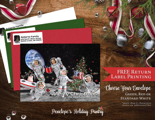 Funny Outer Space Christmas Family Photo Card Personalized Astronauts Spaceship Moon Custom Text Printed Cards With Envelopes Address Labels