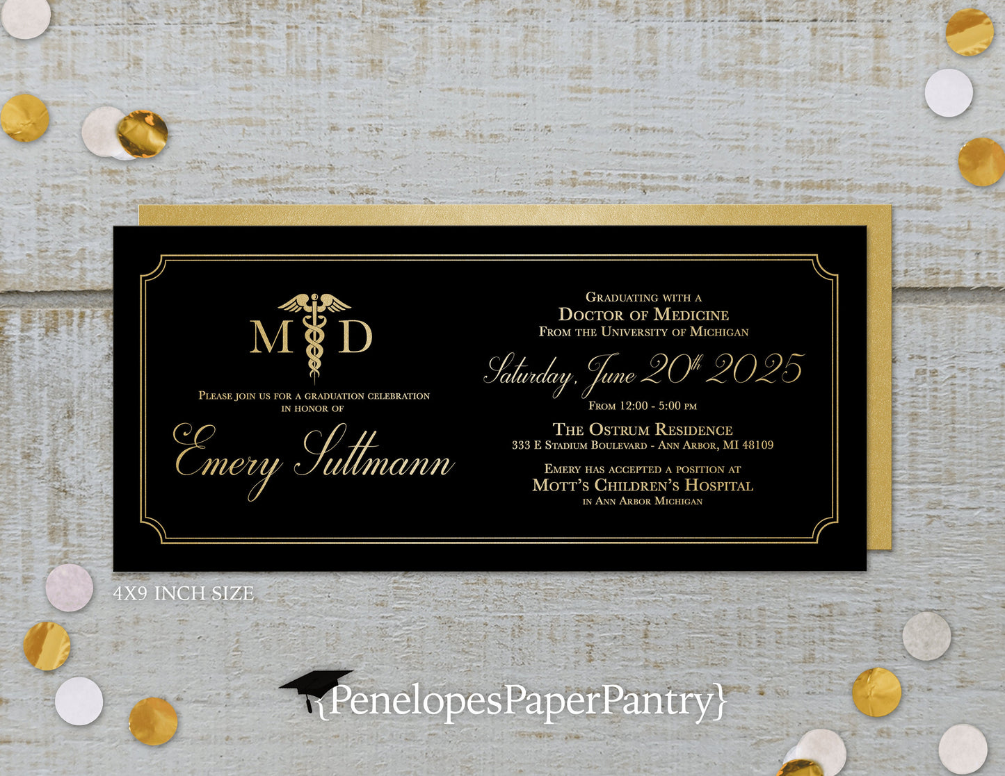 Medical Degree Rod of Asclepius Black on Metallic Gold Paper Graduation Open House or Ceremony Invitation