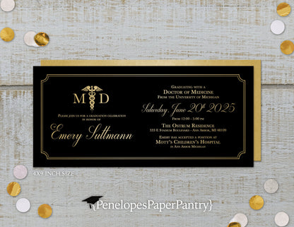Medical Degree Rod of Asclepius Black on Metallic Gold Paper Graduation Open House or Ceremony Invitation
