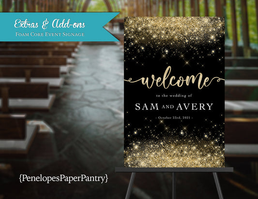 Black and Gold Faux Glitter Wedding Foam Core Event Welcome Sign