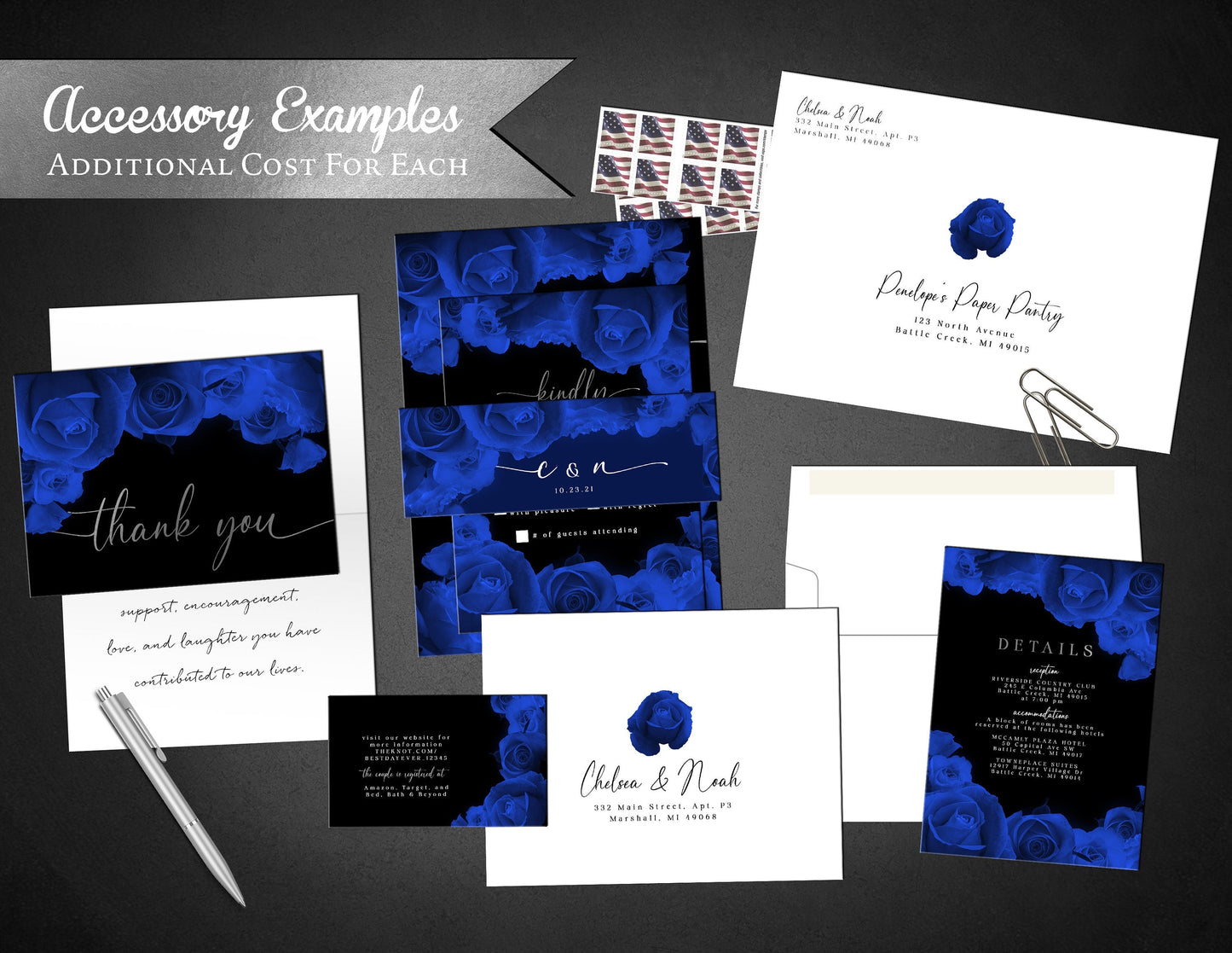 Elegant Royal Blue Rose Wedding Invitation – Black & Silver Foil, “We Do” Design, Custom Printed with Envelopes Included