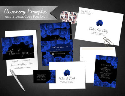 Elegant Royal Blue Rose Wedding Invitation – Black & Silver Foil, “We Do” Design, Custom Printed with Envelopes Included