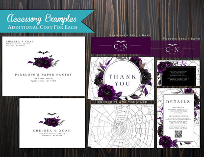 Elegant Gothic Halloween Wedding Invitation – Casket, Spider Webs & Purple Roses – Personalized Shimmery Printed Invite with Envelopes