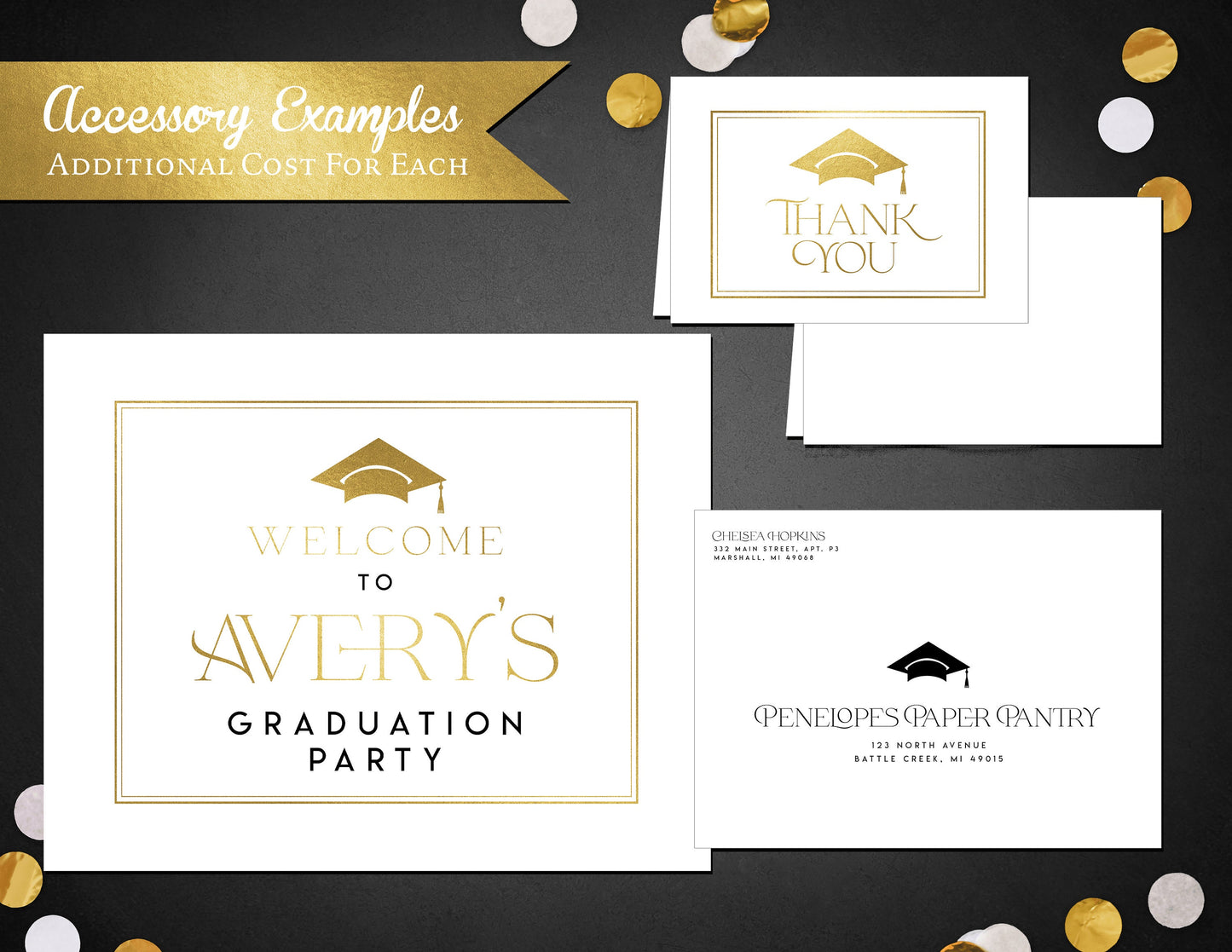 Grad Cap with Gold Foil Graduation Open House or Ceremony Invitation