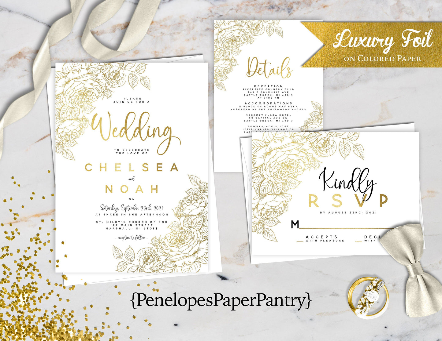 Gold Foil Floral Line Art on White Paper Traditional Wedding Invitation, Sets, or Suite