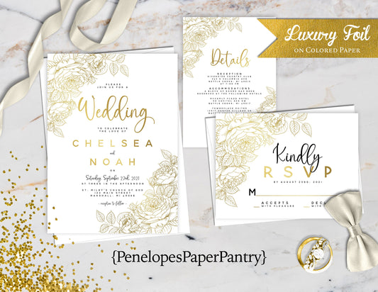 Gold Foil Floral Line Art on White Paper Traditional Wedding Invitation, Sets, or Suite