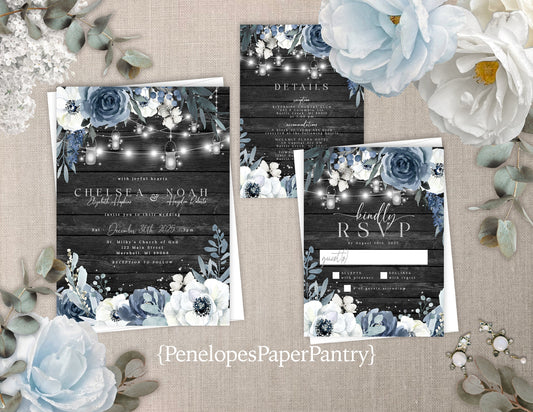 Elegant Rustic Dusty Blue Floral Summer Wedding Invitation Personalized Gray Barn Wood Glowing Lights Shimmery Printed Invitations Envelopes