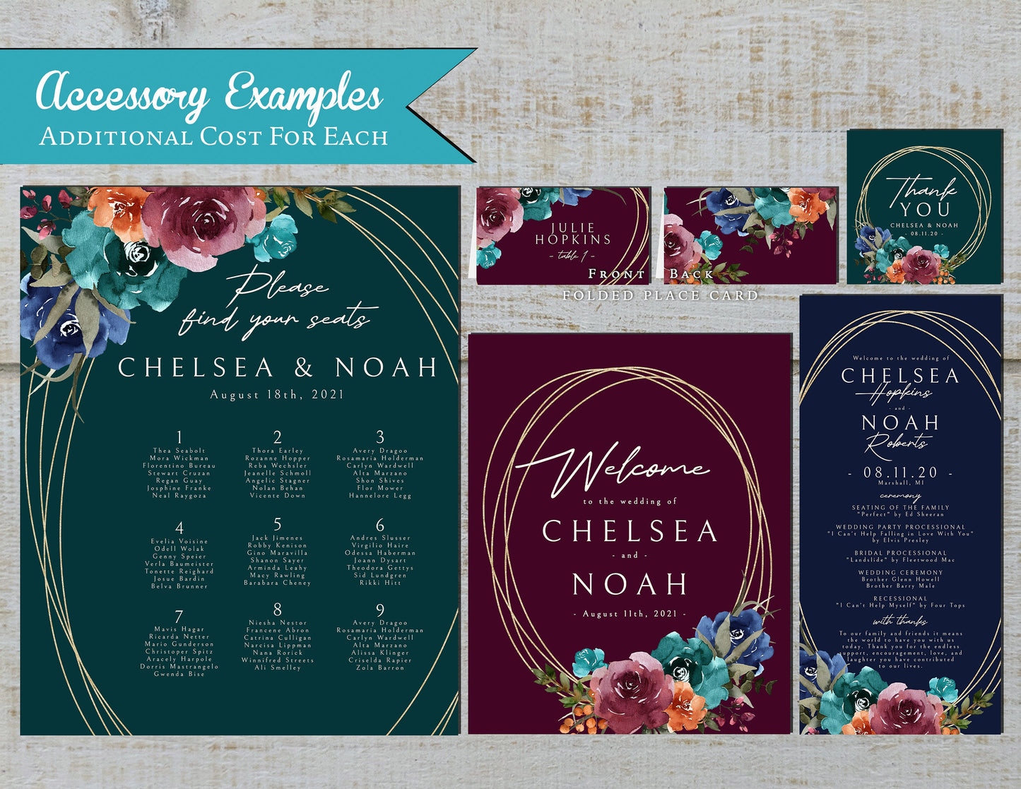 Jewel Tone Florals on Green, Navy, and Plum Background Fall Wedding Invitation, Set, or Suite