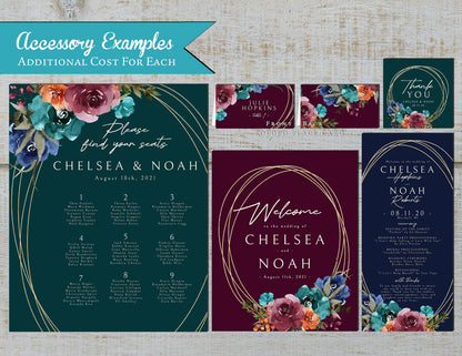 Elegant Jewel Tone Floral Fall Wedding Invitation – Hunter Green, Navy, Plum & Gold – Personalized Shimmery Printed Invite with Envelopes