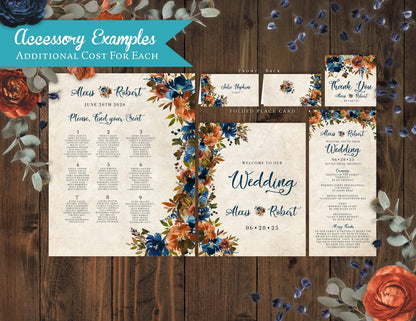 Turquoise and Burnt Orange Florals on Faux Parchment Background Fall Wedding Invitation, Set, or Suite