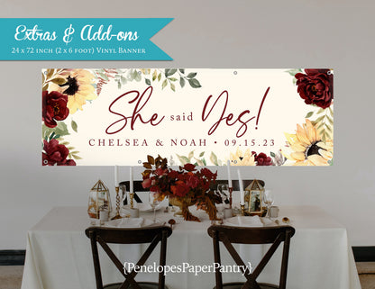 Sunflower and Burgundy Florals with Ivory Engagement Vinyl Banner with Grommets