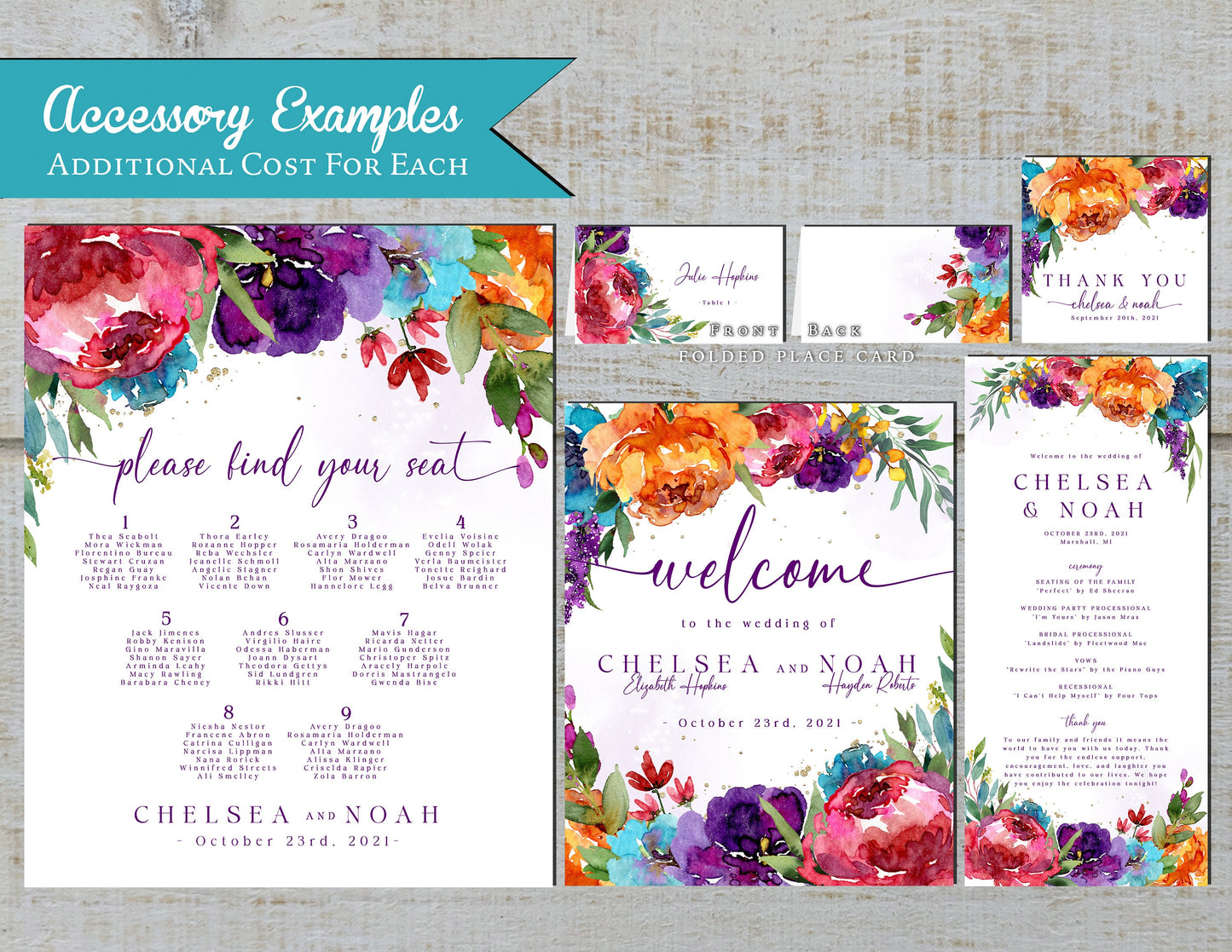 Elegant Bright Floral Summer Wedding Invitation Personalized Purple Orange Turquoise Hot Pink Printed Invitations Envelopes Included Unique