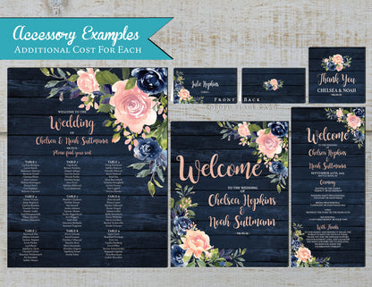 Rustic Navy and Pink Floral Summer Wedding Invitation Personalized Barn Wood Blush Roses Calligraphy Shimmery Printed Invitations Envelopes