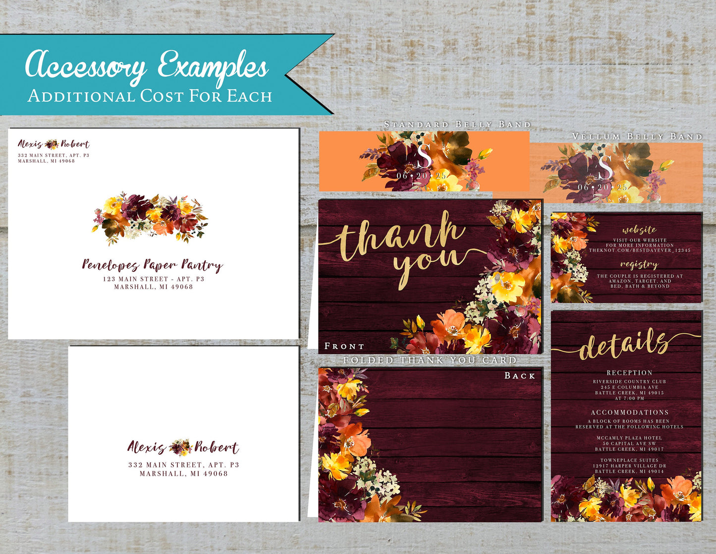 Burgundy and Burnt Orange Florals on Wood Background Fall Wedding Invitation, Set, or Suite